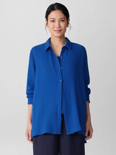 Eileen Fisher Organic Cotton Lofty Gauze Classic Collar Shirt In Blue