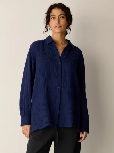 Eileen Fisher Organic Cotton Lofty Gauze Classic Collar Shirt In Deep Dive