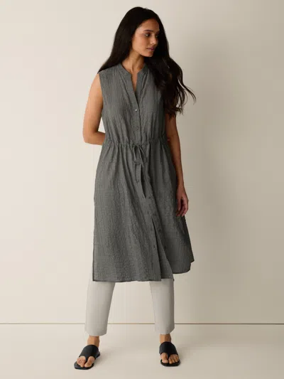 Eileen Fisher Organic Cotton Microstripe Pucker Band Collar Shirt In Deep Dive