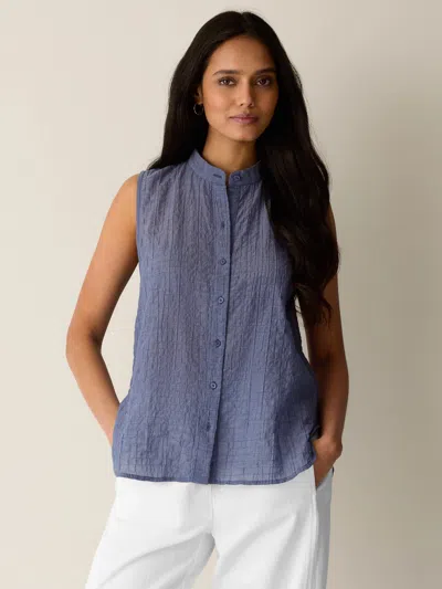 Eileen Fisher Organic Cotton Microstripe Pucker Sleeveless Shirt In Deep Dive