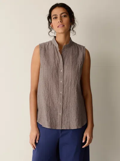 Eileen Fisher Organic Cotton Microstripe Pucker Sleeveless Shirt In Brown