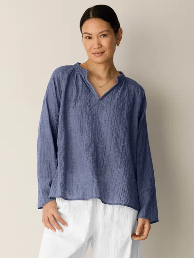 Eileen Fisher Organic Cotton Microstripe Pucker Split Collar Top In Cornflower