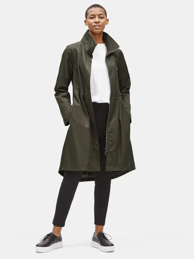 Eileen Fisher Organic Cotton Nylon Stand Collar Coat In Green