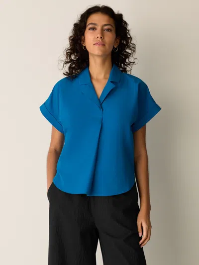 Eileen Fisher Organic Cotton Poplin Notch Collar Shirt In Blue