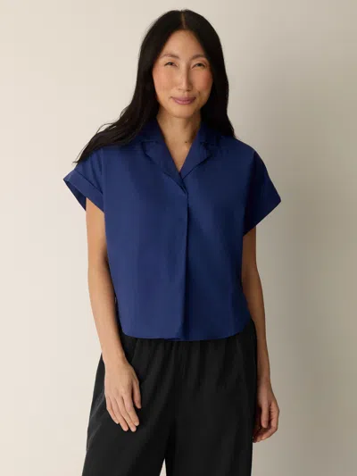 Eileen Fisher Organic Cotton Poplin Notch Collar Shirt In Deep Dive
