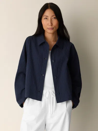 Eileen Fisher Organic Cotton Pucker Check Classic Collar Jacket In Deep Dive