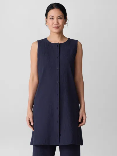 Eileen Fisher Organic Cotton Pucker Long Vest In Blue