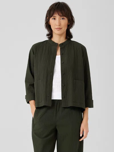 Eileen Fisher Organic Cotton Pucker Mandarin Collar Jacket In Green