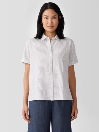 Eileen Fisher Organic Cotton Ripple Checkered Short-sleeve Shirt In White
