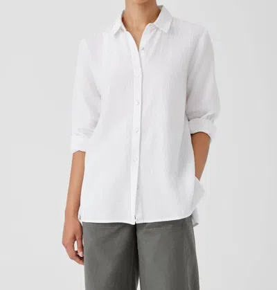 Eileen Fisher Organic Cotton Ripple Classic Collar Shirt In White