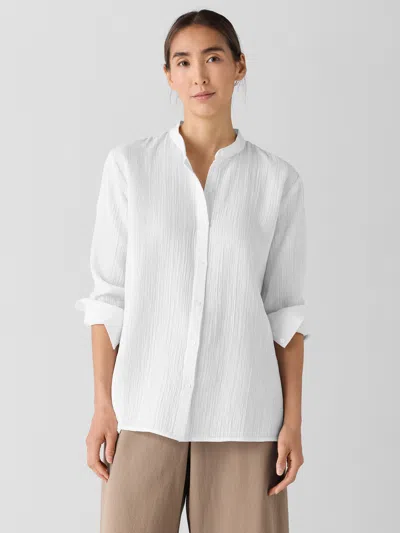 Eileen Fisher Organic Cotton Ripple Band Collar Shirt In White