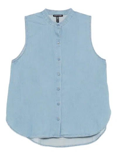 Eileen Fisher Sleeveless Band Collar Chambray Button-up Shirt In Brown