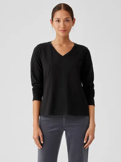 Eileen Fisher Organic Cotton Slub V-neck Top In Black