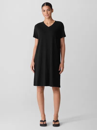 Eileen Fisher Organic Cotton Slubby Jersey V-neck Dress In Black