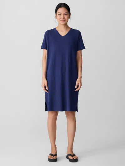Eileen Fisher Organic Cotton Slubby Jersey V-neck Dress In Blue