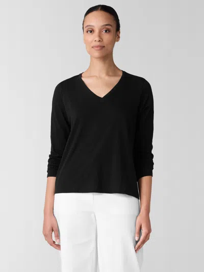 Eileen Fisher Organic Cotton Slubby Jersey V-neck Top In Black