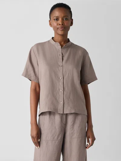 Eileen Fisher Organic Handkerchief Linen Band Collar Shirt In Brown