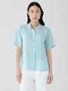 Eileen Fisher Organic Handkerchief Linen Band Collar Short-sleeve Shirt In Blue