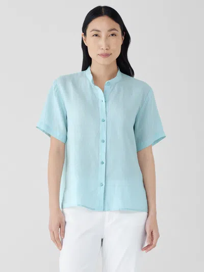 Eileen Fisher Organic Handkerchief Linen Band Collar Short-sleeve Shirt In Blue