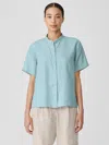 Eileen Fisher Organic Handkerchief Linen Band Collar Short-sleeve Shirt In Blue
