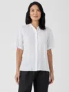 Eileen Fisher Organic Handkerchief Linen Band Collar Short-sleeve Shirt In White