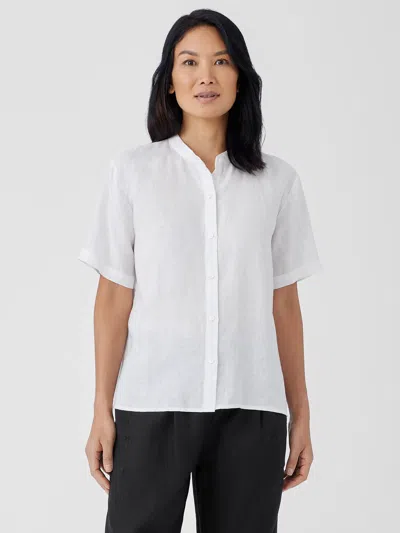 Eileen Fisher Organic Handkerchief Linen Band Collar Short-sleeve Shirt In White