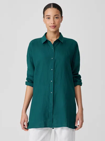 Eileen Fisher Organic Handkerchief Linen Classic Collar Long Shirt In Blue
