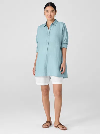 Eileen Fisher Organic Handkerchief Linen Classic Collar Long Shirt In Blue