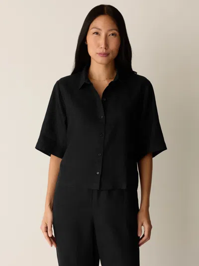 Eileen Fisher Organic Handkerchief Linen Elbow-sleeve Shirt In Black