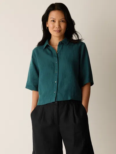Eileen Fisher Organic Handkerchief Linen Elbow-sleeve Shirt In Kelp