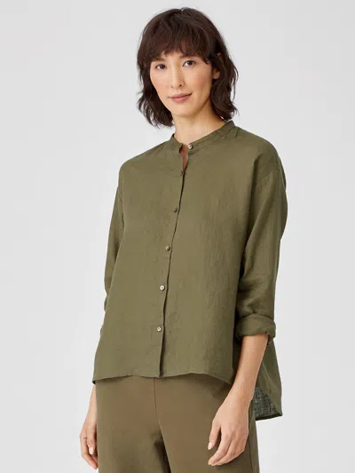 Eileen Fisher Organic Handkerchief Linen Mandarin Collar Shirt In Green