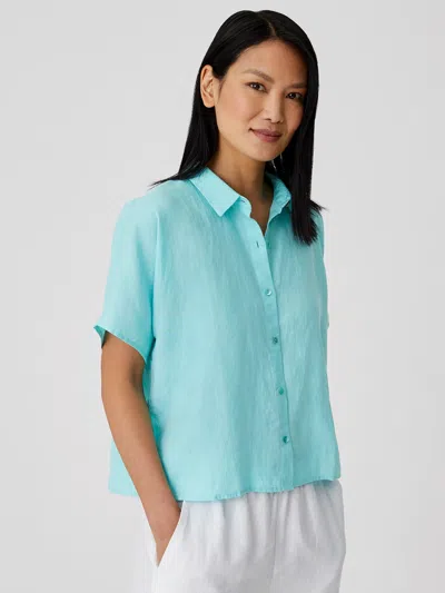 Eileen Fisher Organic Handkerchief Linen Short-sleeve Shirt In Blue