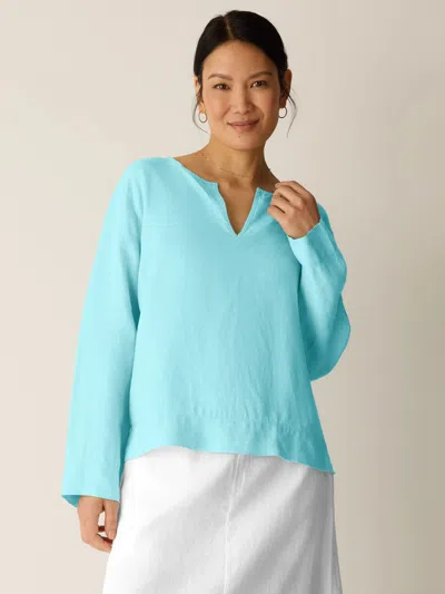 Eileen Fisher Organic Handkerchief Linen Split Neck Top In Blue