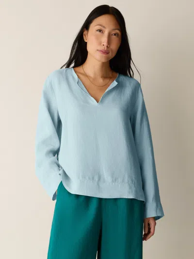 Eileen Fisher Organic Handkerchief Linen Split Neck Top In Blue
