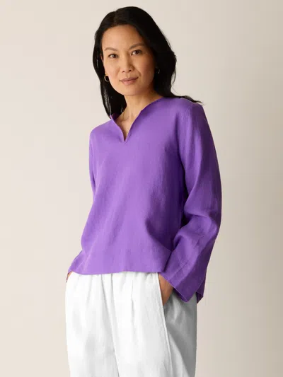 Eileen Fisher Organic Handkerchief Linen Split Neck Top In Purple