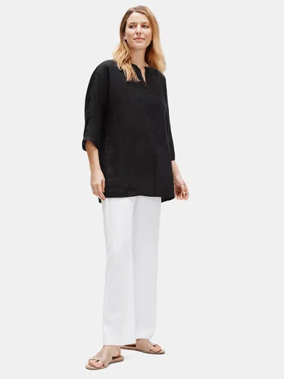Eileen Fisher Organic Handkerchief Linen Split Neck Tunic In Black