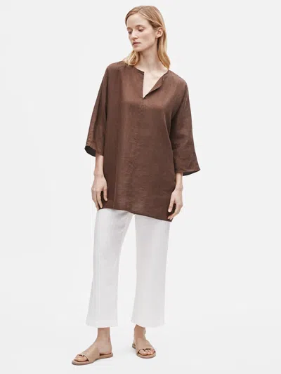 Eileen Fisher Organic Handkerchief Linen Split Neck Tunic In Brown