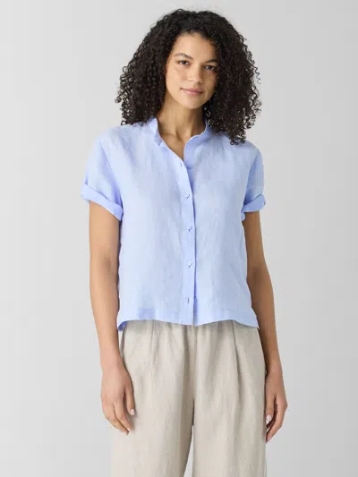 Eileen Fisher Organic Handkerchief Linen Band Collar Shirt In Blue