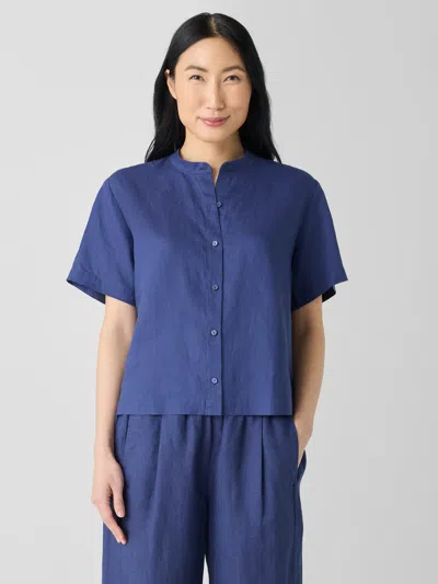 Eileen Fisher Organic Handkerchief Linen Band Collar Shirt In Blue