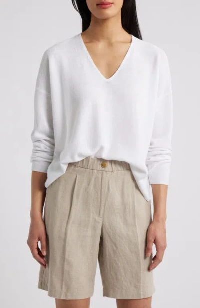 Eileen Fisher Organic Linen & Organic Cotton V-neck Sweater In White
