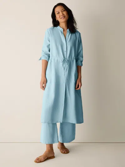 Eileen Fisher Organic Linen Band Collar Shirtdress In Blue