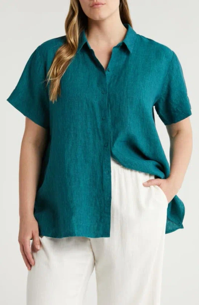 Eileen Fisher Organic Linen Button-up Shirt In Agean