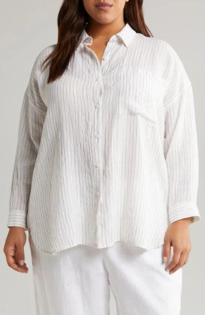 Eileen Fisher Organic Linen Button-up Shirt In White/ Bronze