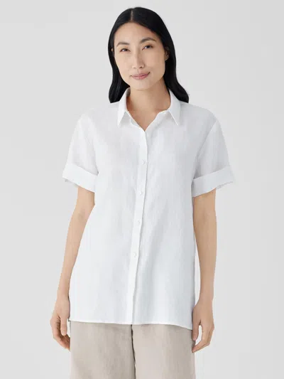 Eileen Fisher Organic Linen Classic Collar Short-sleeve Shirt In White
