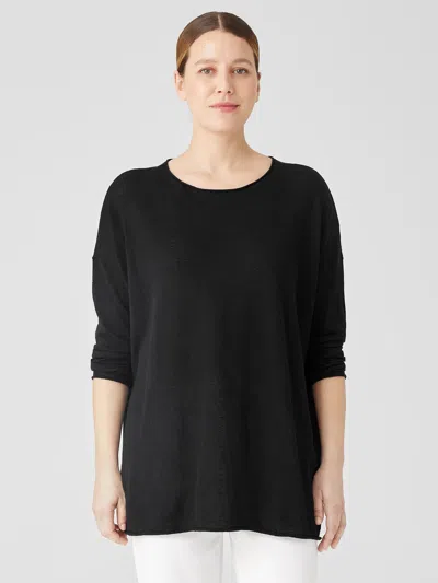 Eileen Fisher Organic Linen Cotton Jersey Round Neck Top In Black