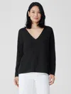Eileen Fisher Organic Linen Cotton Slub V-neck Top In Black