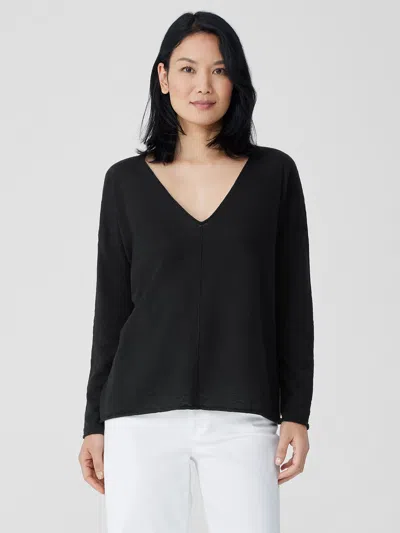 Eileen Fisher Organic Linen Cotton Slub V-neck Top In Black
