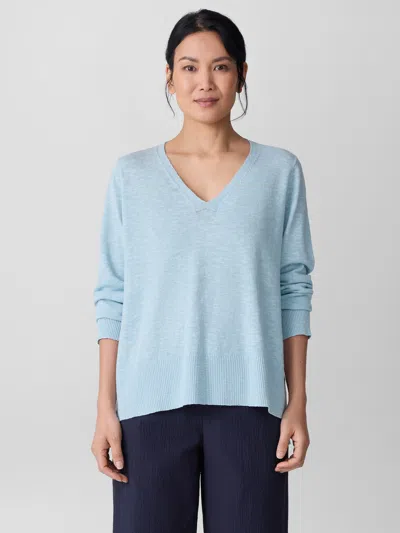 Eileen Fisher Organic Linen Cotton Slub V-neck Top In Blue