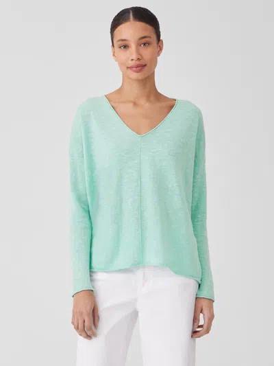 Eileen Fisher Organic Linen Cotton Slub V-neck Top In Green