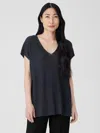 Eileen Fisher Organic Linen Delave Rib V-neck Top In Blue